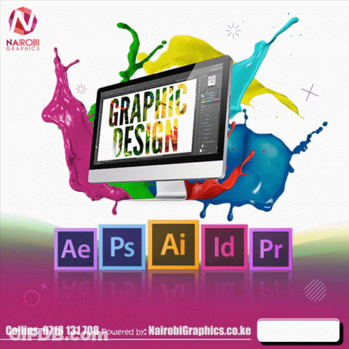 Nairobi Graphics Ad With Computer Screen And Paint Splashes GIF