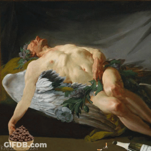 Naked Man With Wings And Bowl Of Chocolate Chips GIF