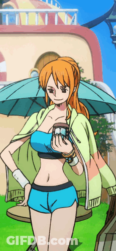 Nami From One Piece Holding Umbrella In Front Of Building GIF
