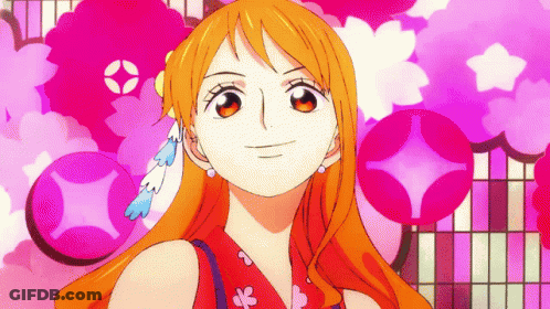 Nami From One Piece Standing In Front Of Pink Background GIF