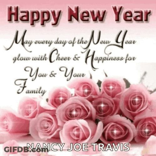Nancy Joe Travis Wishes Everyone A Happy New Year With A Bouquet Of Pink Roses GIF