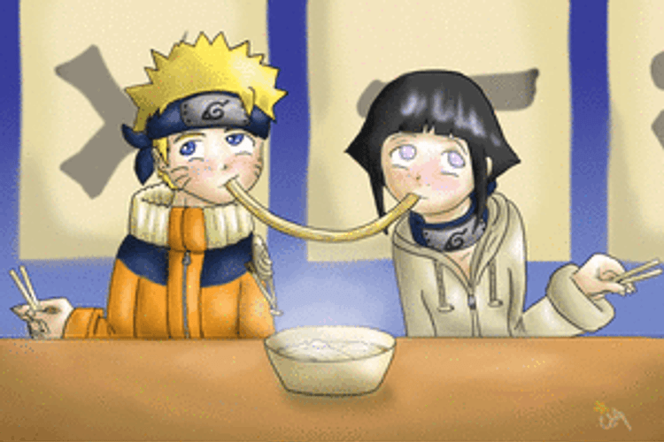 Naruto And Hinata Kissing While Eating Ramen GIF