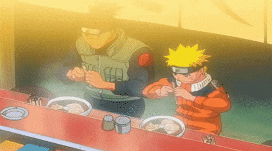 Naruto Happily Eating Ramen With Iruka GIF