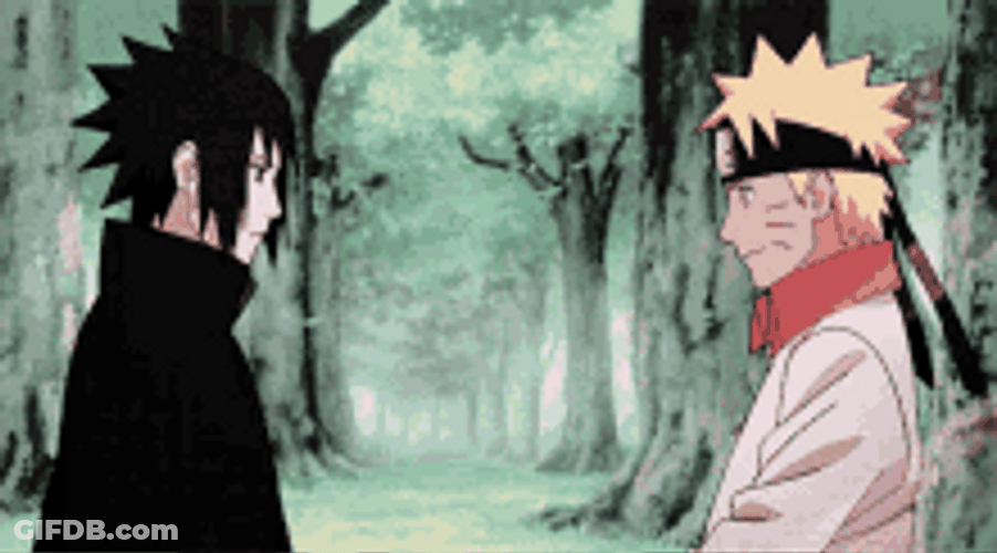 Naruto Sasuke Stare Each Other Forest GIF
