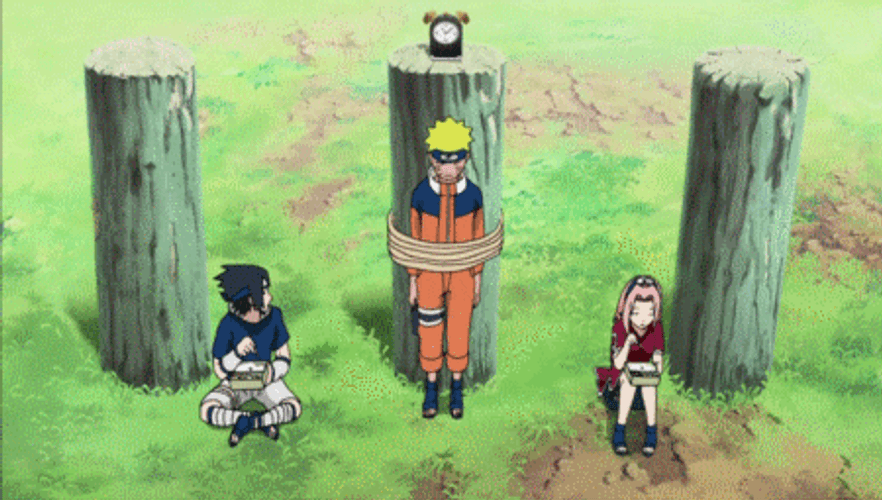 Naruto Smile Blush Rope Sakura Sasuke Sharing Food GIF