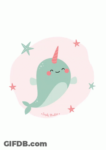 Narwhal With Pink Horn Surrounded By Sea Stars GIF