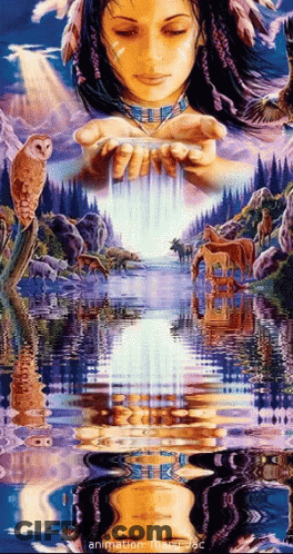 Native American Woman Holding Water With Animals GIF