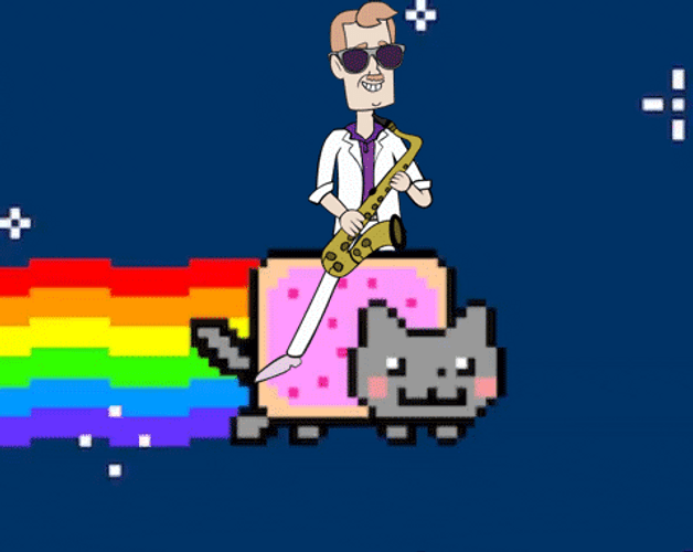 Neon Cat Carrying Man With Saxophone GIF