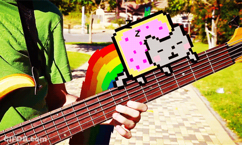 Neon Cat Sleeping On Guitar Neck GIF
