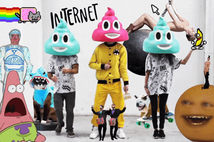 Neon Cat With Different Animated Characters GIF