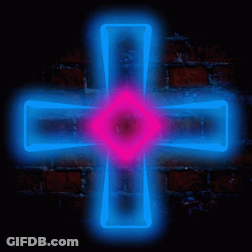 Neon Cross With Red Center On Dark Brick Wall GIF