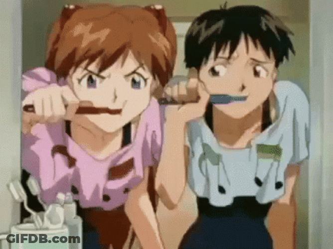 Neon Genesis Evangelion Shinji And Asuka Brushing Teeth GIF