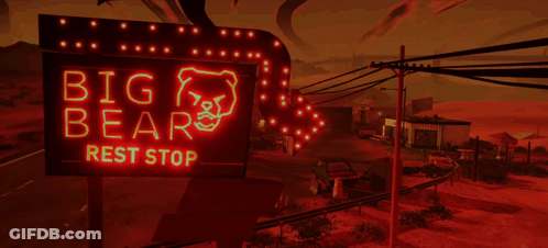 Neon Sign For Big Bear Rest Stop Lit Up In Red GIF