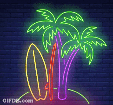 Neon Sign Of Palm Trees And Surfboard On Brick Wall GIF
