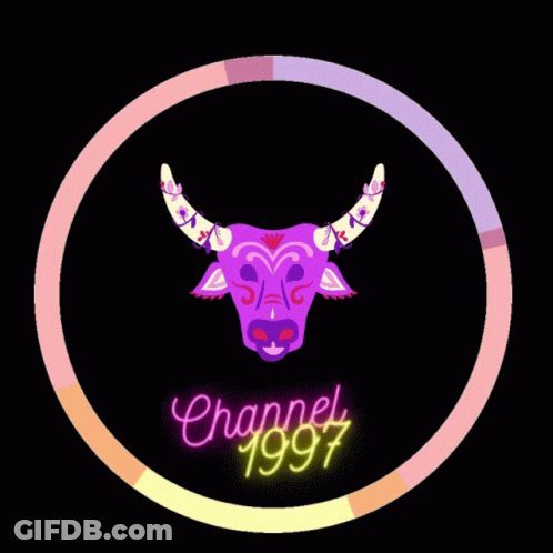 Neon Sign Saying Channel 1997 With Purple Bull GIF
