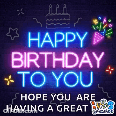 Neon Sign Saying Happy Birthday To You With Cake And Confetti GIF