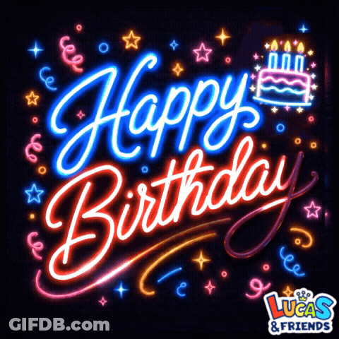 Neon Sign Saying Happy Birthday With Cake And Candles GIF