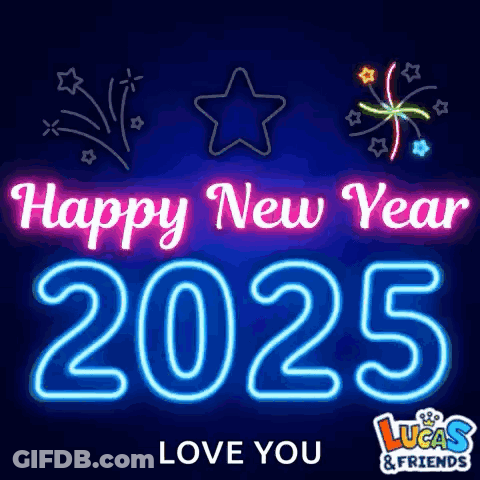 Neon Sign Saying Happy New Year 2025 With Fireworks GIF