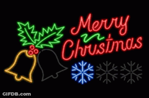 Neon Sign Saying Merry Christmas With Bell Holly Snowflakes GIF