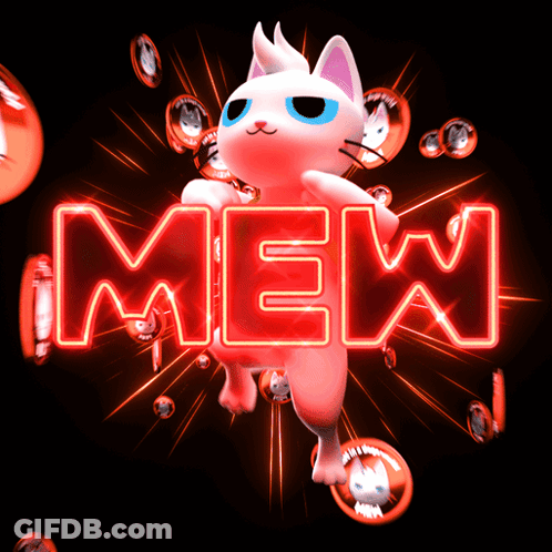 Neon Sign Saying Mew With Cat Behind It GIF