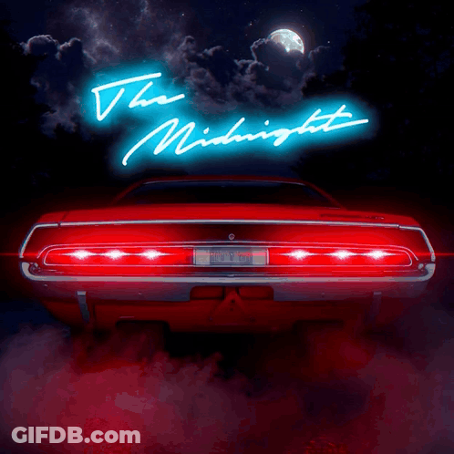 Neon Sign Saying The Midnight With Red Car GIF