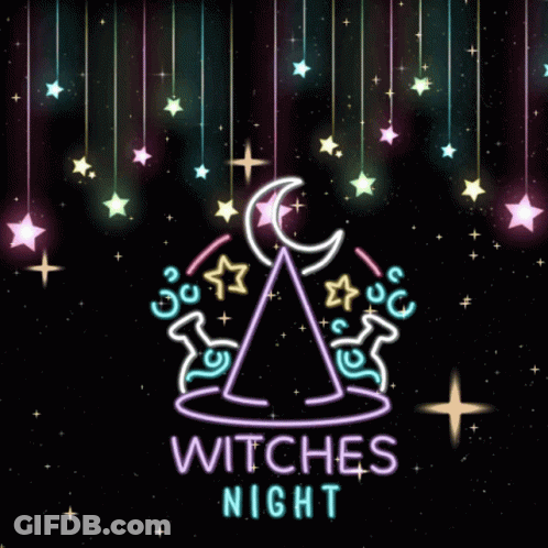 Neon Sign Saying Witches Night With Witch Hat GIF