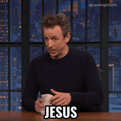 Nervous Sweating Seth Meyers Jesus GIF