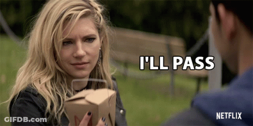 Netflix Ad Woman Holding Food Says I'll Pass GIF