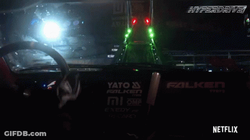 Netflix Hyperdrive Car Driving Over Bridge GIF