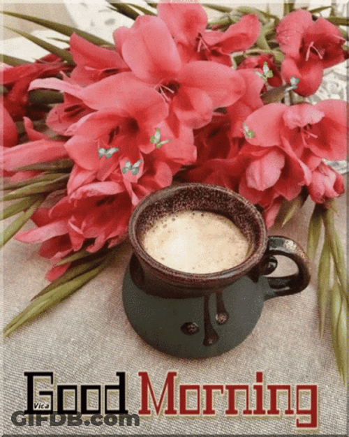 New Good Morning Pink Flower With Coffee GIF