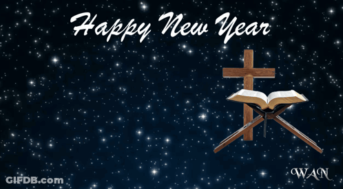 New Year Greeting Card With Cross And Bible GIF