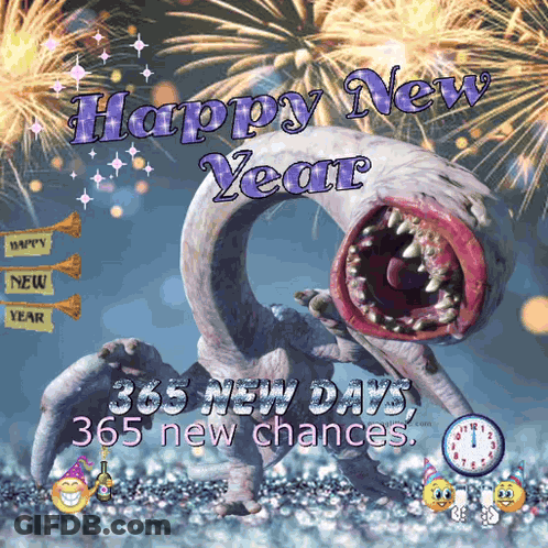 New Year Monster With Fireworks GIF