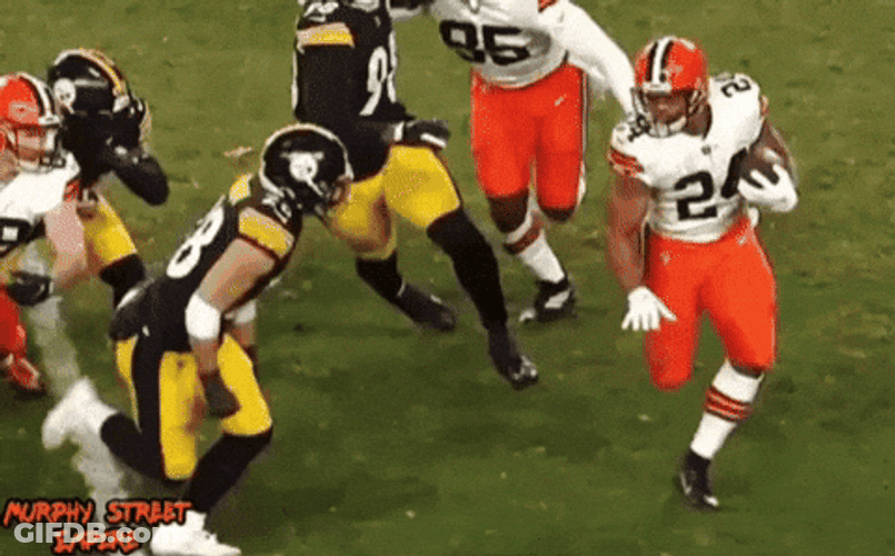 Nick Chubb Stiff Arm Tackle GIF