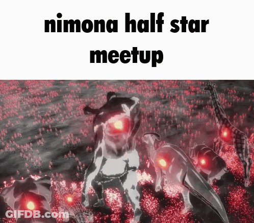 Nimona Half Star Meetup With A Picture Of Animals In The Background GIF