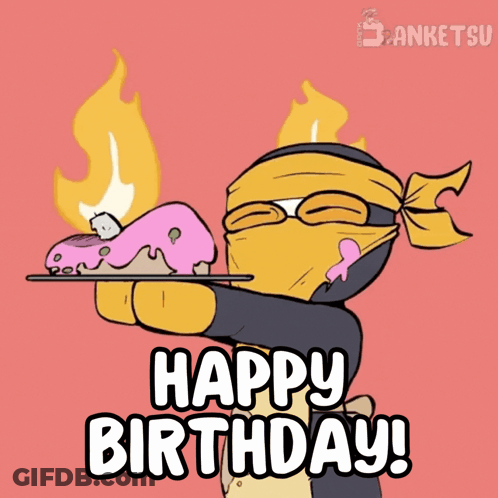 Ninja Holding Tray With Cake Saying Happy Birthday GIF