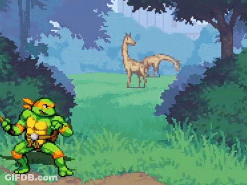 Ninja Turtle And Giraffe In Field GIF