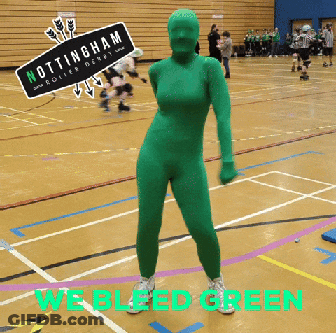 Nottingham Roller Derby Poster Person In Green Suit GIF