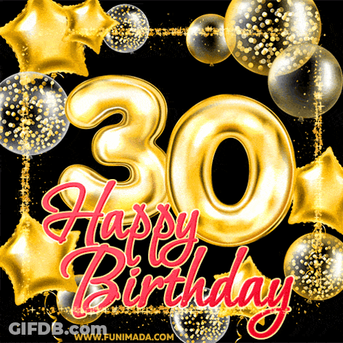 Number 30 Surrounded By Balloons And Confetti GIF