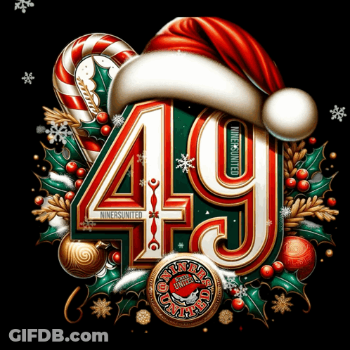 Number 49 With Santa Hats Candy Canes And Holly GIF