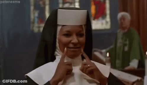 Nun Making Funny Face With Priest In Church GIF