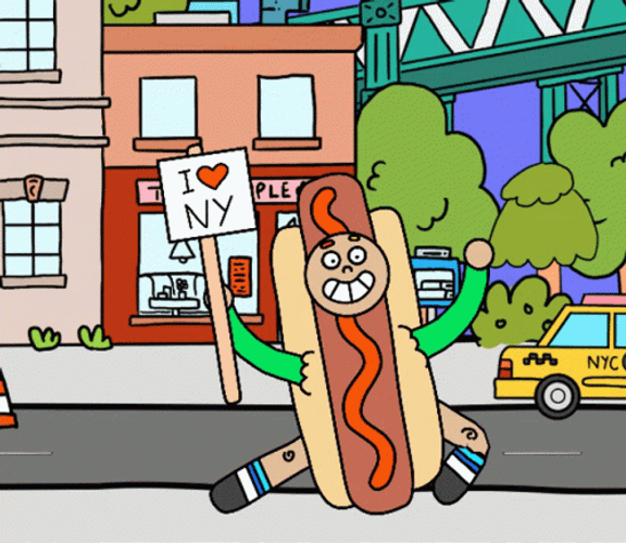 NYC Hotdog Mascot Cartoon GIF
