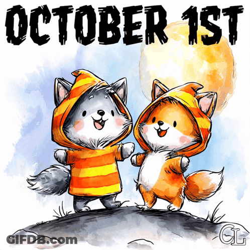 October 1St Poster With Two Foxes In Hoodies GIF