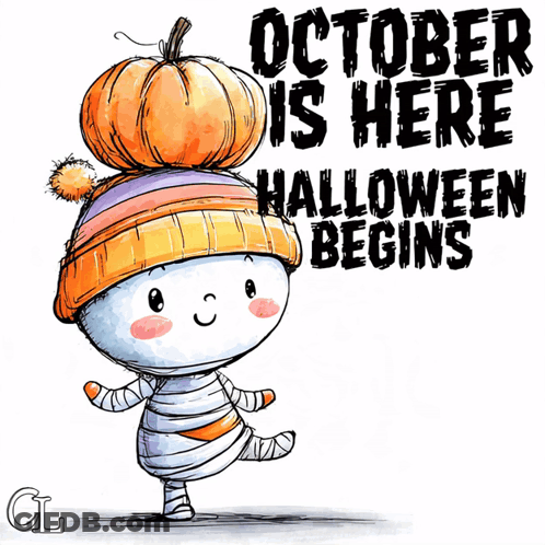 October Is Here Halloween Begins Mummy Wearing Hat GIF