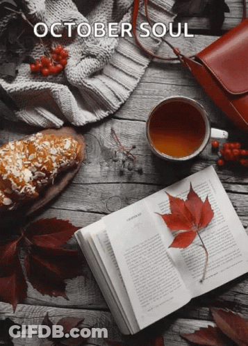 October Soul Poster With Book Cup Of Tea And Leaf GIF