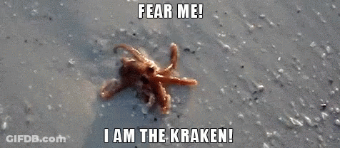 Octopus Crawling On Beach Saying Fear Me I Am The Kraken GIF