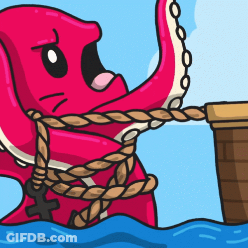 Octopus Tied To Wooden Barrel With Rope GIF