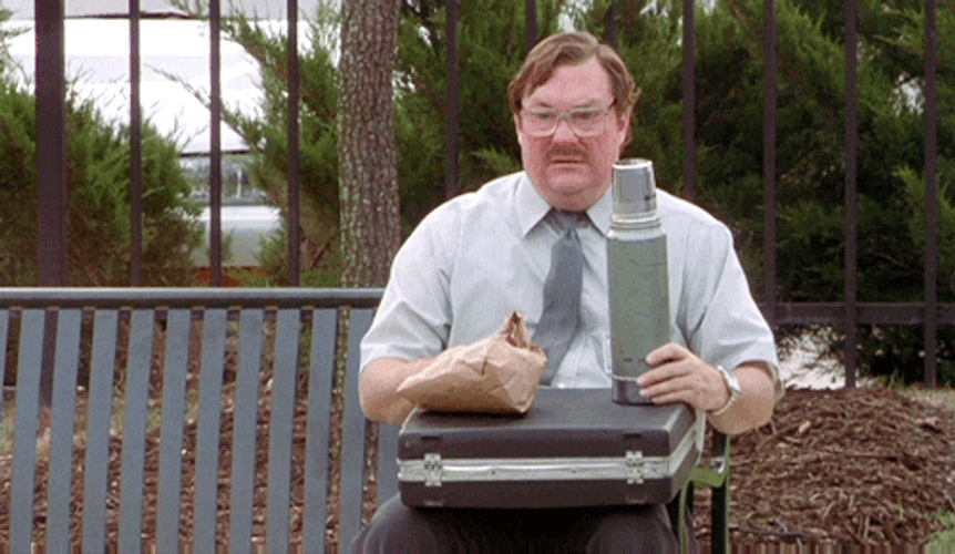 Office Space Printer Milton Waddams Sitting Holding Snacks GIF