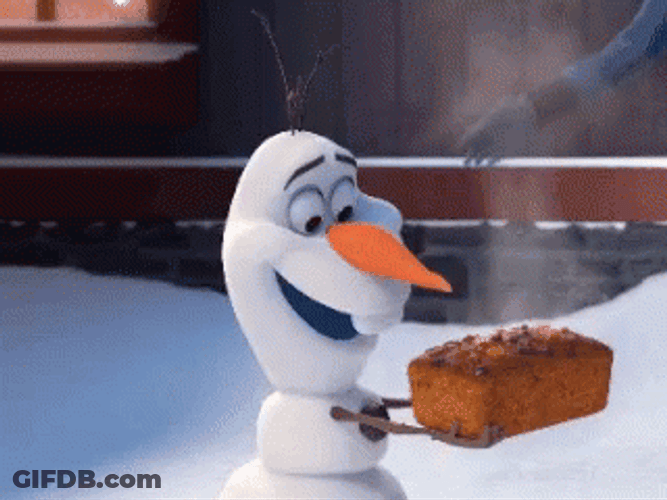 Olaf Snowman Holding Fruit Cake GIF