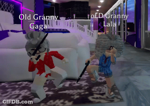 Old Granny Gaga And Old Granny Lala Are Standing Next To Each Other In A Room GIF