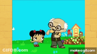 Old Man And Little Girl Standing In Garden GIF